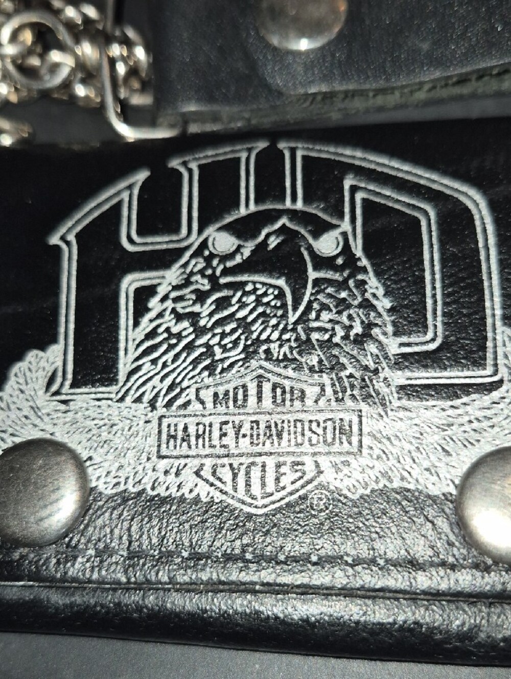 Vintage Harley-Davidson Black Leather Trifold Wallet with Silver Chain - Picture 4 of 9